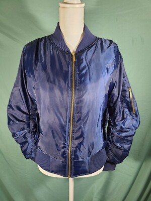 NWT Boohoo Women's Blue Bomber Jacket Front Pockets Sleeve Pocket Small Sm S 