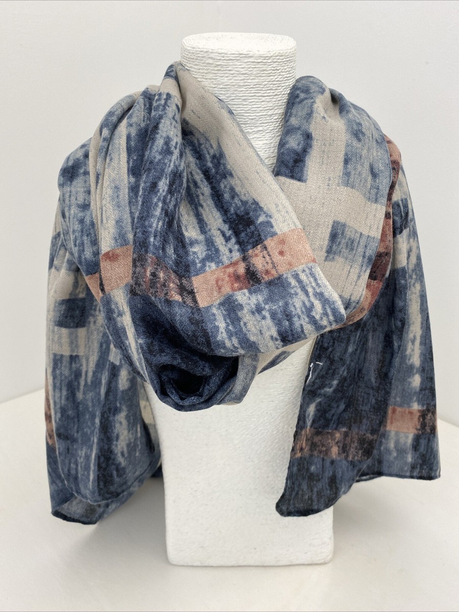 Gregory Ladner Blue Pink Marble Check Lightweight Viscose Scarf 170 cm x  90 cm