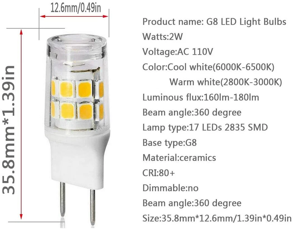 G8 Base Bi-pin Bulbs Xenon JCD Type LED 110V 20W Halogen Replacement Bulb 3000K - Image 3 of 4