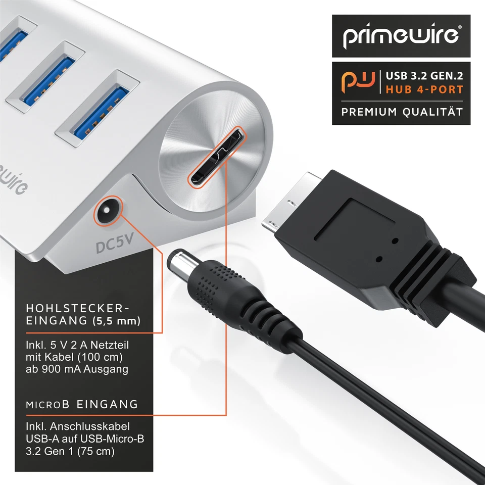 Primewire 4 Port USB HUB USB3.2 Gen2 10 Gbit Typ A zu Micro B Kabel Plug & Play - Bild 3 von 4