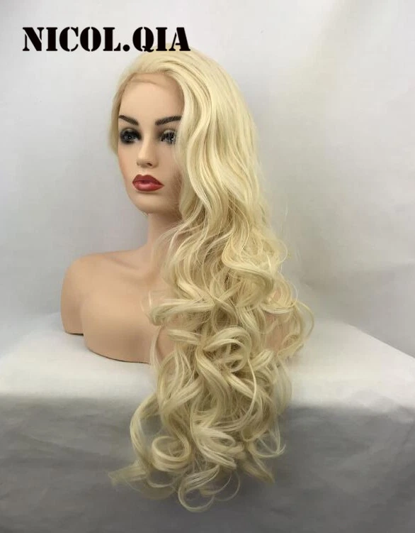 Peluca frontal de encaje completo mezcla cabello humano playa ondulada rubio pálido mezcla calor OK #613 Foto 2 de 4