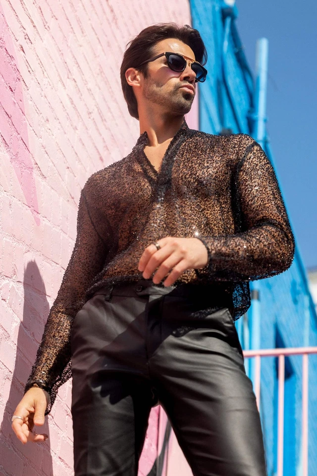 Barabas Men's See Through Sequins V-Neck Long Sleeve Shirts 5PST01 - Image 3 of 4