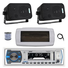 Pyle Bluetooth Marine Receiver, Cover, Antenna,Wire, 2x 3.5" 300W Black Speakers