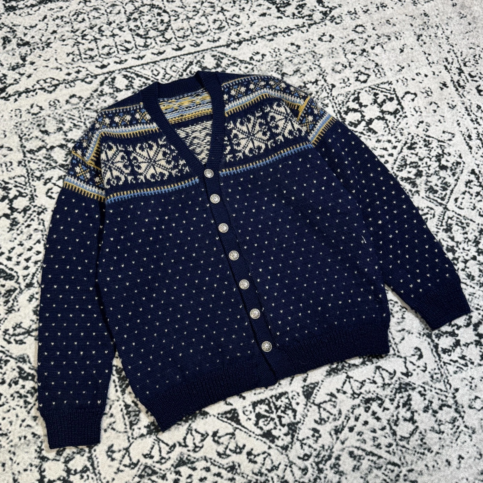 GUCCI Cardigan maglione lana blu navy unisex vintage taglia S Norvegia Natale Y2K anni 90
