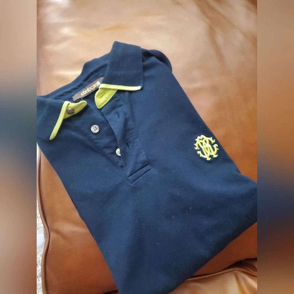 Roberto Cavalli Polo Euc Navy Lime L Large TC - Image 3 of 4