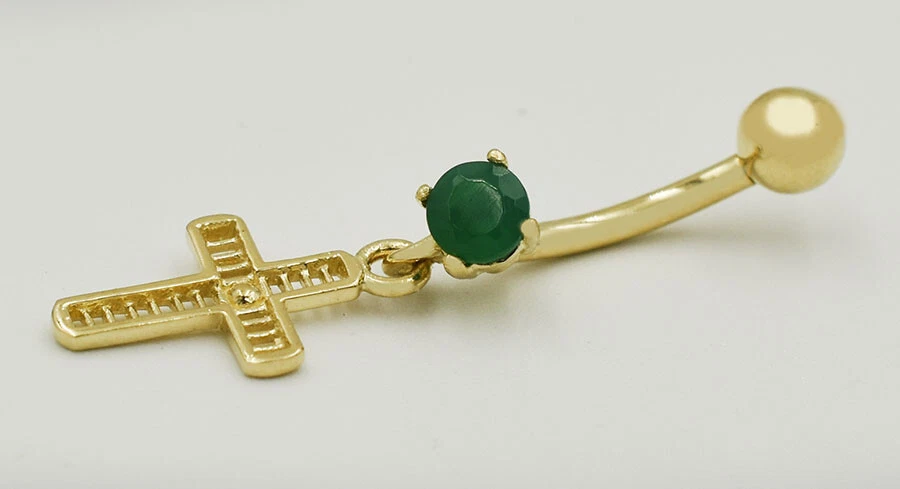 GENUINE GREEN ONYX CROSS BELLY NAVEL RING 14K Solid Gold * FREE SHIPPING * - Изображение 3 из 3