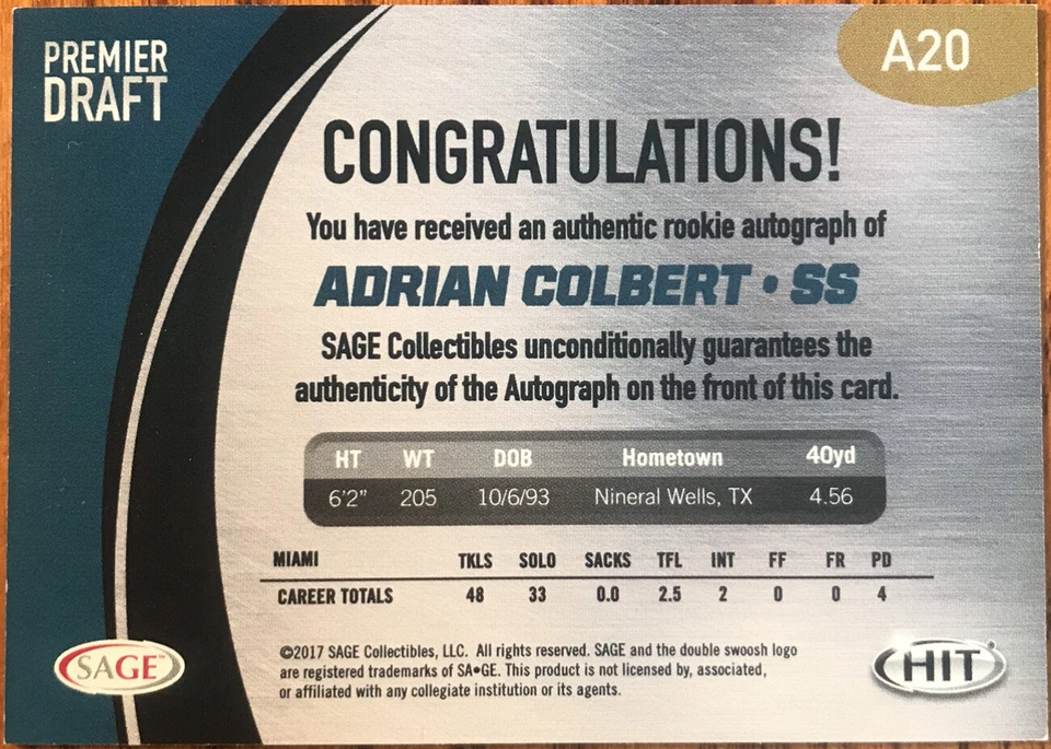 2017 SAGE HIT Premier Draft Autographs Adrian Colbert #A20 Miami Hurricanes - Image 2 of 3