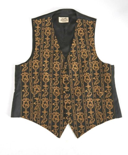 HERMES Waistcoat Vest Equestrian Embroidered Silk Gold and Black Fits Men 40-42