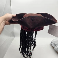 Pirate Hat Tricorn Fitted Mens One Size Brown Red Costume Dreadlocks Bandana