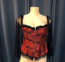 Lace Corset w/ Long Lace Sleeves Red  Black   Women  s XL