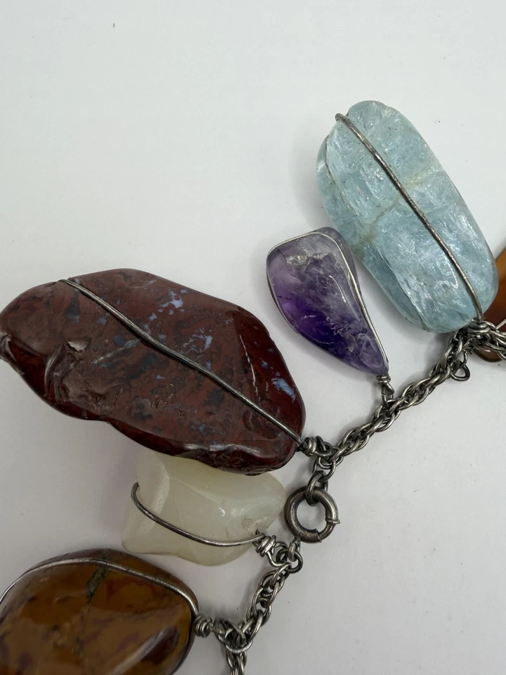 ARTISAN MIXED GEMSTONE CHARM BRACELET SILVER TONE WIRE WRAPPED AMETHYST BOHO - Image 2 of 4