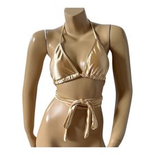 Womens Size Small Gold Halter Wrap Around Triangle Bikini Swim Bathing Suit Top