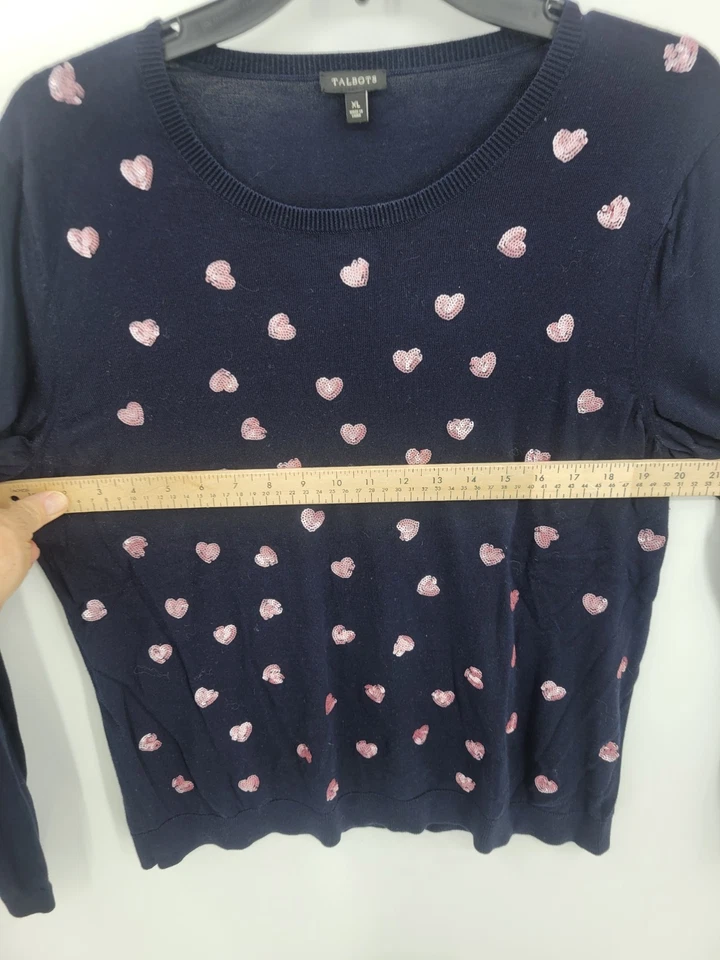 Suéter Talbots Mujer XL Azul Rosa Lentejuelas Corazones Cuello Redondo Pullover Artístico Foto 4 de 4