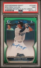 2023 Bowman Draft Brayden Taylor Green Refractor Auto /99 Tampa Rays PSA 9