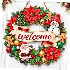 Christmas Welcome Wreath for Front Door Vintage Santa Wooden Hanging Welcome-3