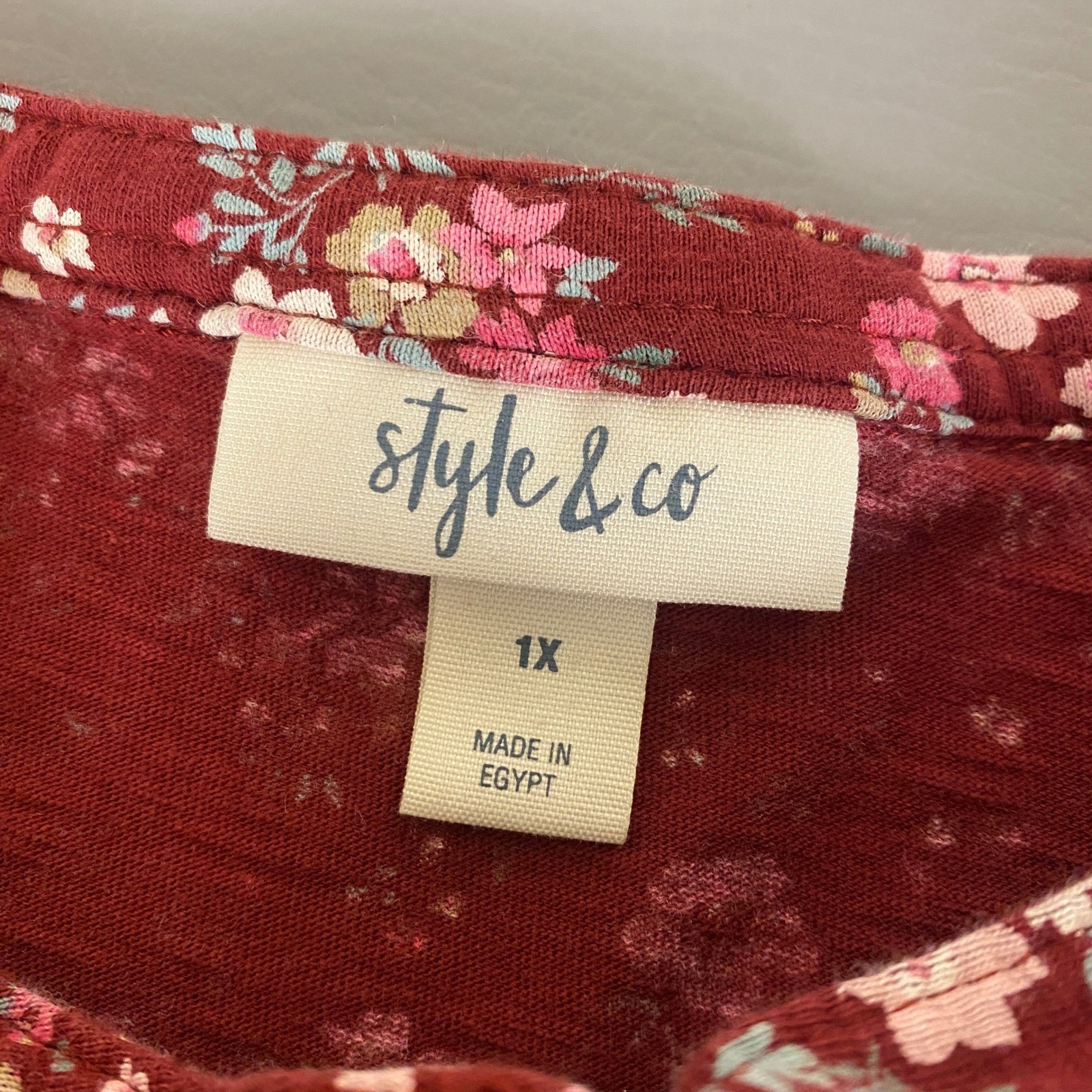 Style & Co Tunic Top Blouse Women's Plus Size 1X Floral Long Sleeve Burgundy