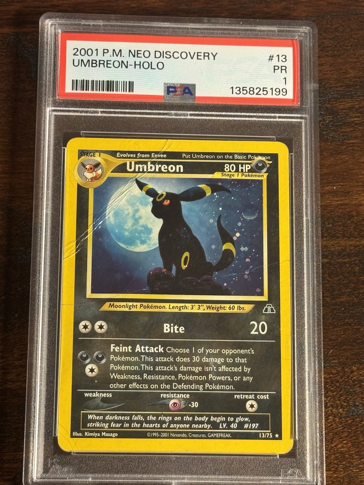 2001 UMBREON Pokemon Card #13 13/75 Neo Discovery Unlimited Holo PSA 1 - SWIRL