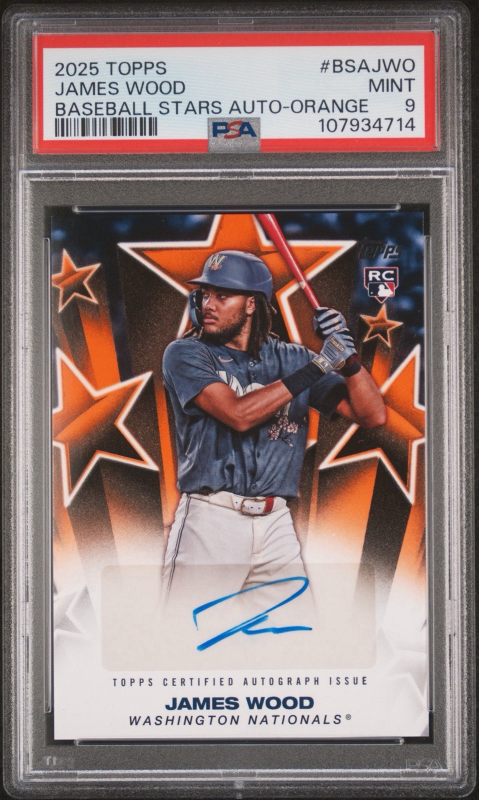 2025 Topps Series 1 JAMES WOOD BASEBALL STARS RC AUTO ORANGE /25 PSA 9 (Pop 1)