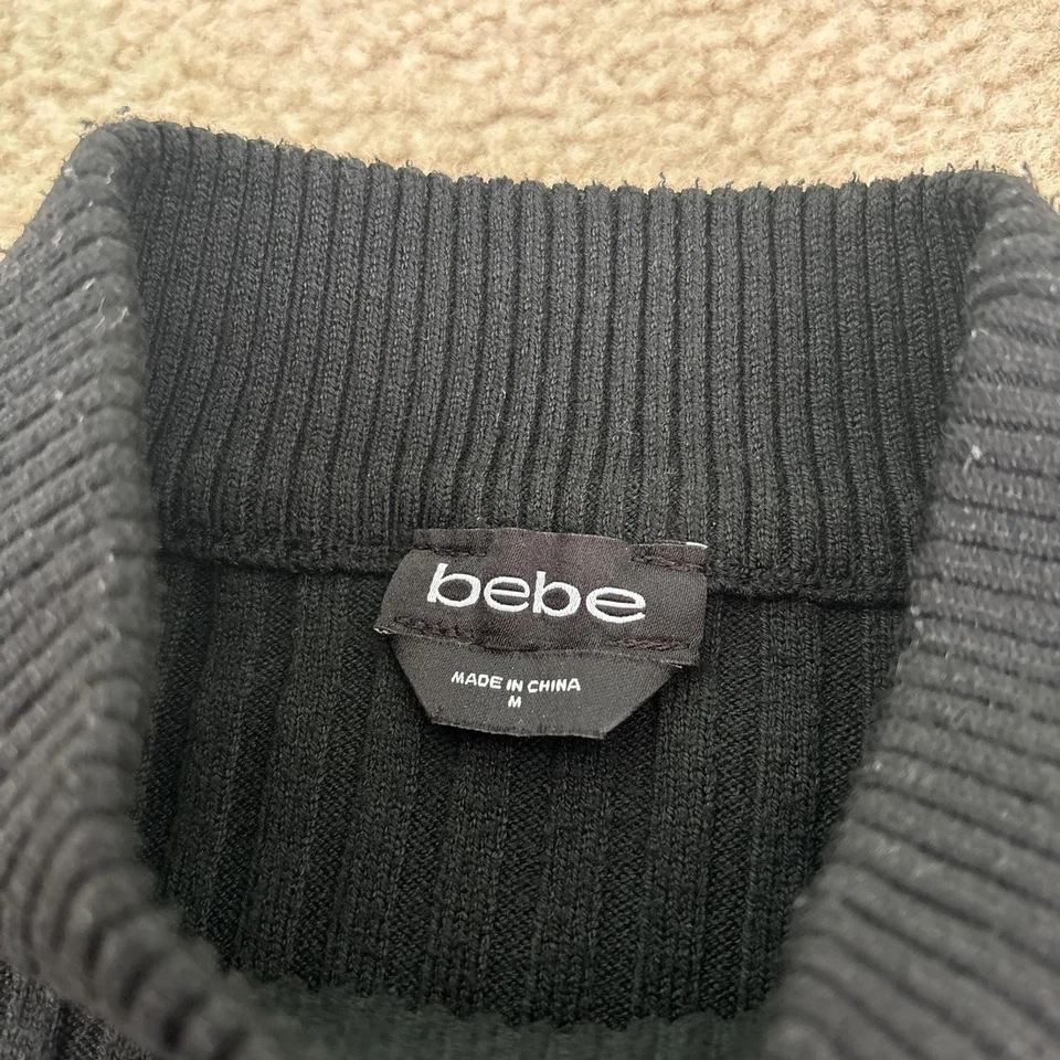 Bebe Y2K Ribbed Knit Sweater Women Size M Black Mock Neck Beaded Logo 90s - Image 2 of 4