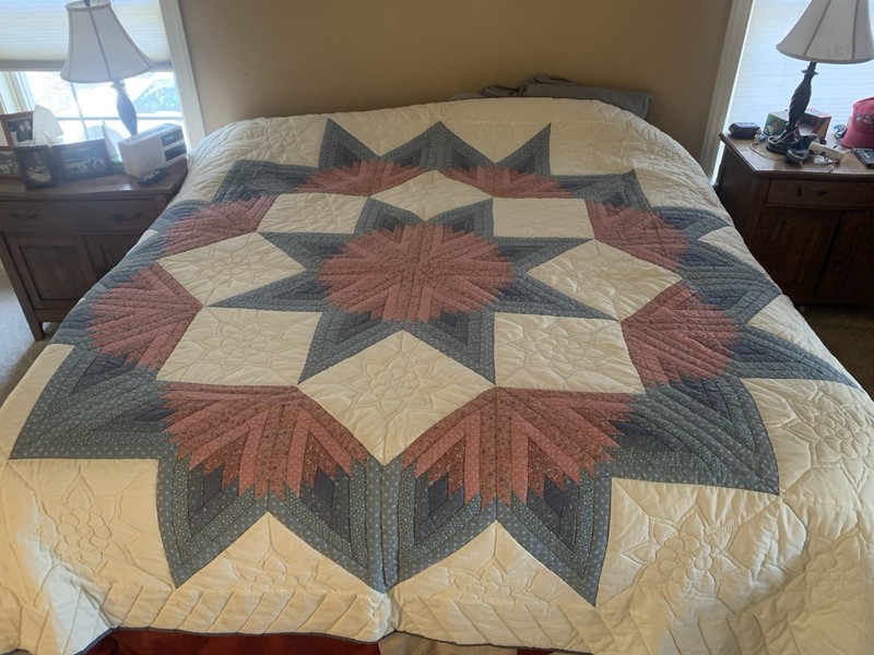 Star Quilted Cotton Quilt Queen 90x90 Blue Pink White Country Style
