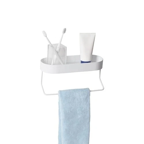  Estante de baño montado en la pared con toallero y bandeja superior ovalada, blanco SHF-09519  Foto 2 de 3