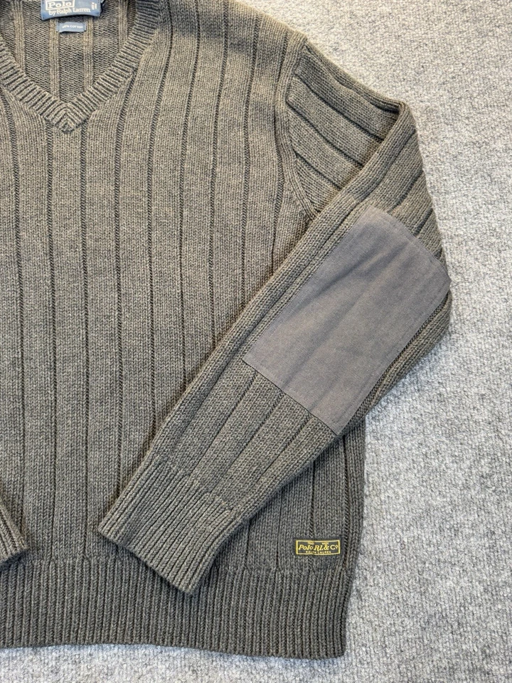 Polo Ralph Lauren Para Hombre XL Acanalado Tejido Suéter Gris Cuello en V Codo Parches Algodón Foto 3 de 4