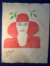 Lee Godie - painting drawing 12.5 x 9.8 in  on old paper signed stamped