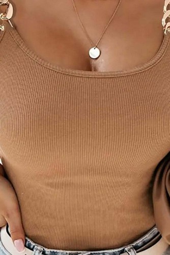 Brown Gold Chain Straps Rib Knit Tank Top - 第 2/8 張圖片