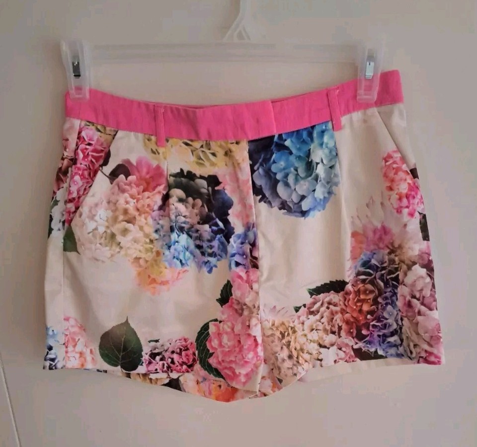 Dotti Pink Floral Denim Waist Waistband Tailored Shorts Size 10 Small $4 EXPRESS