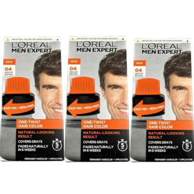 (3-Pack) L'Oreal Men Expert One-Twist Permanent Dye Hair Color: 04 Medium Brown