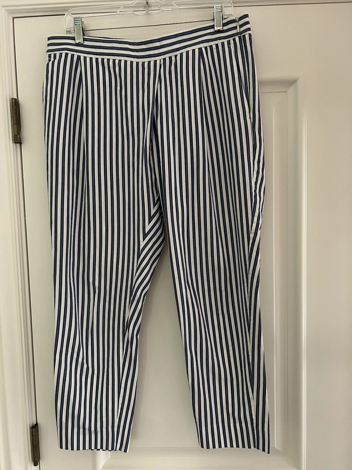 J.CREW Blue and White Striped Front Pleat Capri Pants 8