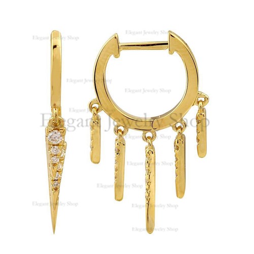 14k Yellow Gold 5 Dangling Diamond Spikes Huggie Hoop Earrings Wedding Jewelry