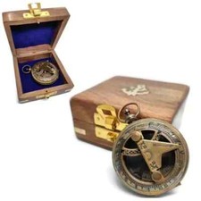 Vintage Brass Pocket sundial Compass 2" With Wooden Box Nautical Gift