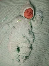 Baby Crochet green Hat and Sweater, Pants, Booties, blanket  5 Piece Outfit Set