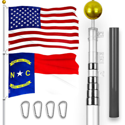 25Ft Telescoping Flagpole SV & American and North Carolina Flags Emb 300D 3x5Ft