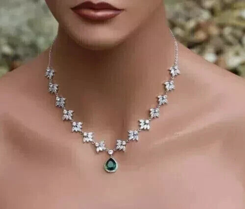 10Ct Pear Simulated Emerald Diamond Link Tennis Necklace 14k White Gold Plated