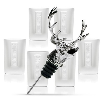 Jägermeister Bar Bundle Set I aus 6x Shotgläser 2cl Ausgießer Hirschkopf Metall