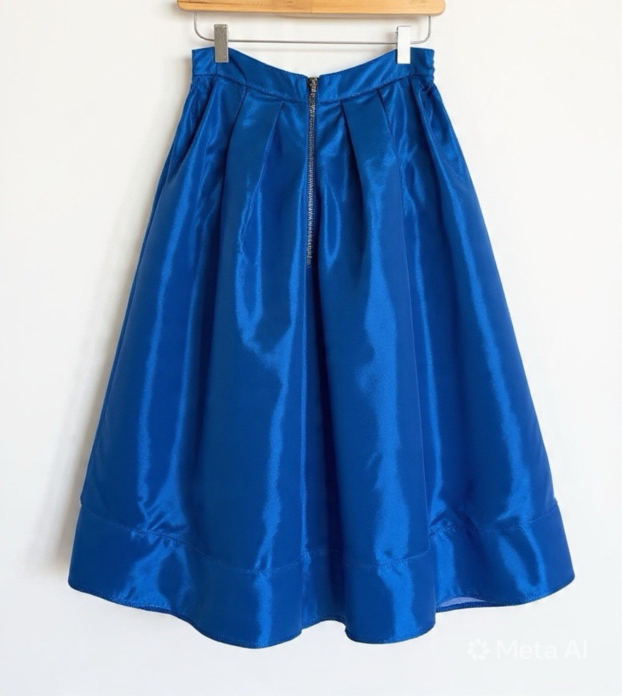Women’s Blue Satin Solid A-Line Pleated Knee-Length Skirt, Zip Front, S