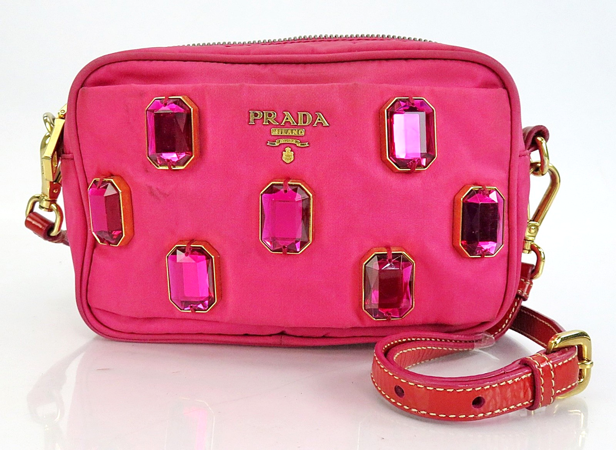 Auth PRADA Pietre Jeweled Pink Nylon and Leather Mini Shoulder Bag