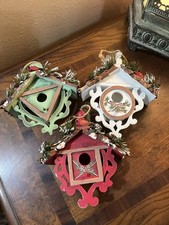 Lot Of 3 Vintage Wood Birdhouse Christmas Ornaments