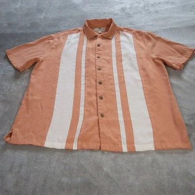 Island Shores Hawaiian Shirt Mens Large Orange White Striped Button Up Casual