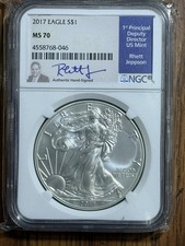 2017 $1 AMERICAN SILVER EAGLE NGC MS70 RHETT JEPPSON HAND SIGNED BLUE LABEL