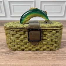 Vintage Resin Woven Basket Trinket Box with Jumping Fish Handle Decor Fishing