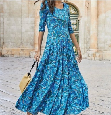 Peruvian Connection Dress Womens Sz M Blue Maldives Maxi Floral Pima Jersey