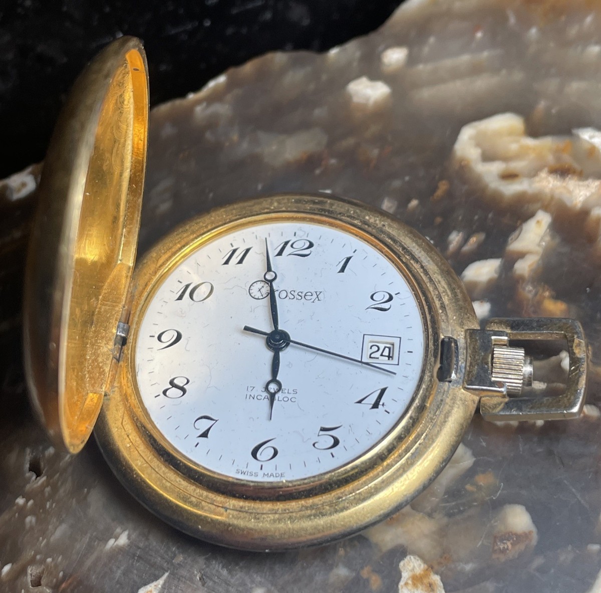 Vintage Grossex 17 Jewels Swiss Pocket Watch - Runs, Missing