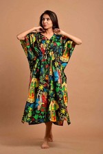 Indian Black Long Frida Kahlo Print Cotton Maxi Caftan Dress Boho Nightwear
