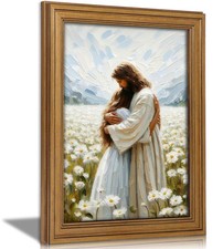 Vintage Gold Framed Jesus Wall Art Jesus Hugging Girl Christian Canvas Prints...
