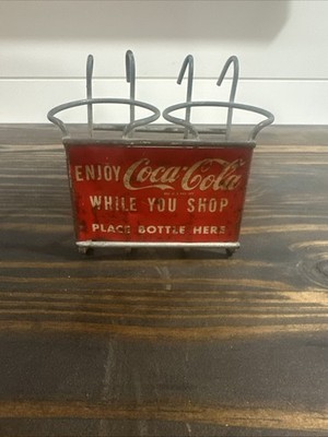 1950s Enjoy Coca-Cola While You Shop Metal Grocery Cart 2-Bottle Holder