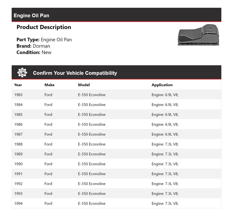 Para Ford E-350 Econoline Dorman 1983-1994 cárter de aceite del motor 1984 1985 1986 1987 Foto 2 de 4