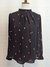 Nordstrom brand Halogen Pleat Neck Blouse Black Multi Mini Floral Medium Petite